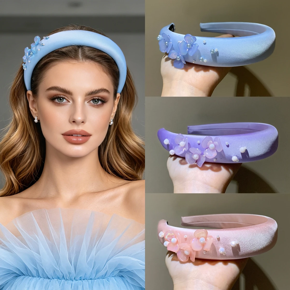 

Sponge Padded High Crown Satin Headband, Princess Style Flower Pearl Hair Hoop,Bridal Hair Accessories for Wedding Party SA130