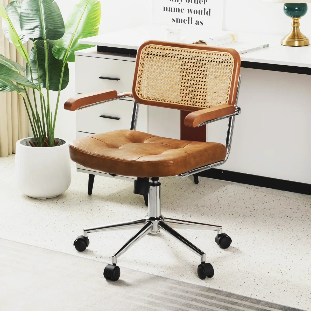 Retro Cane Ergonomic Height Adjustment Wheel Swivel Computer Study Room Home Boss Executive Wood Leather Rattan Office Chair