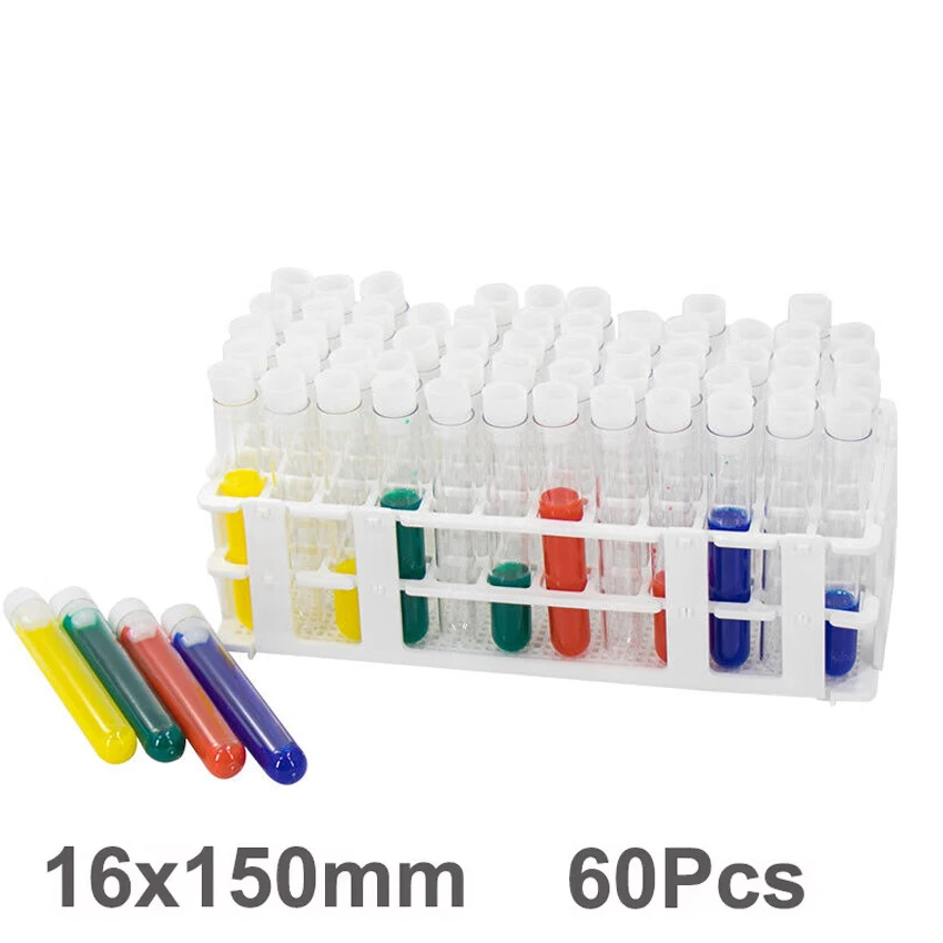 60Pcs Tubes and 1 set Test Tube Holder combination, white Science Test Tubes with Rack,Plastic 16x150mm (25ml)Test Tube with Cap