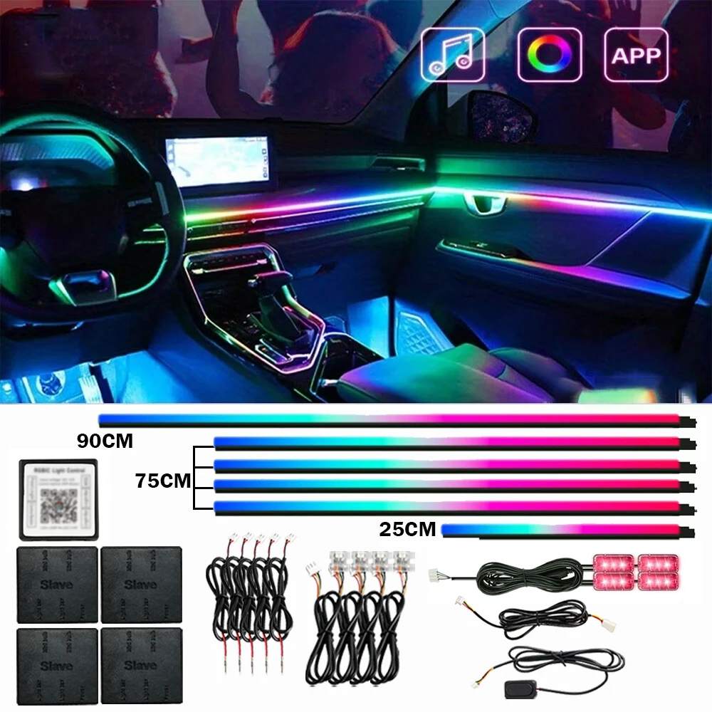 Kit di luci ambientali RGB per interni auto, con controllo tramite app, strisce LED per auto, lampada al neon per cruscotto, pannello porta e accessori per la decorazione degli interni del veicolo, 14