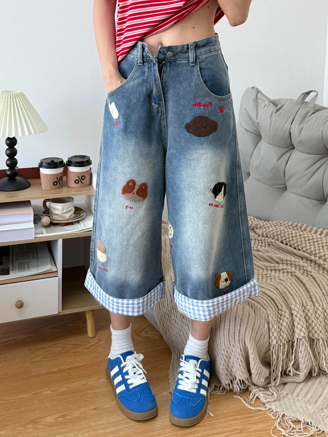 

American Retro Cartoon Embroidered Denim Jeans Women Summer plus Size Fat MM High Waist Loose Slim Wide Leg Seven Pants