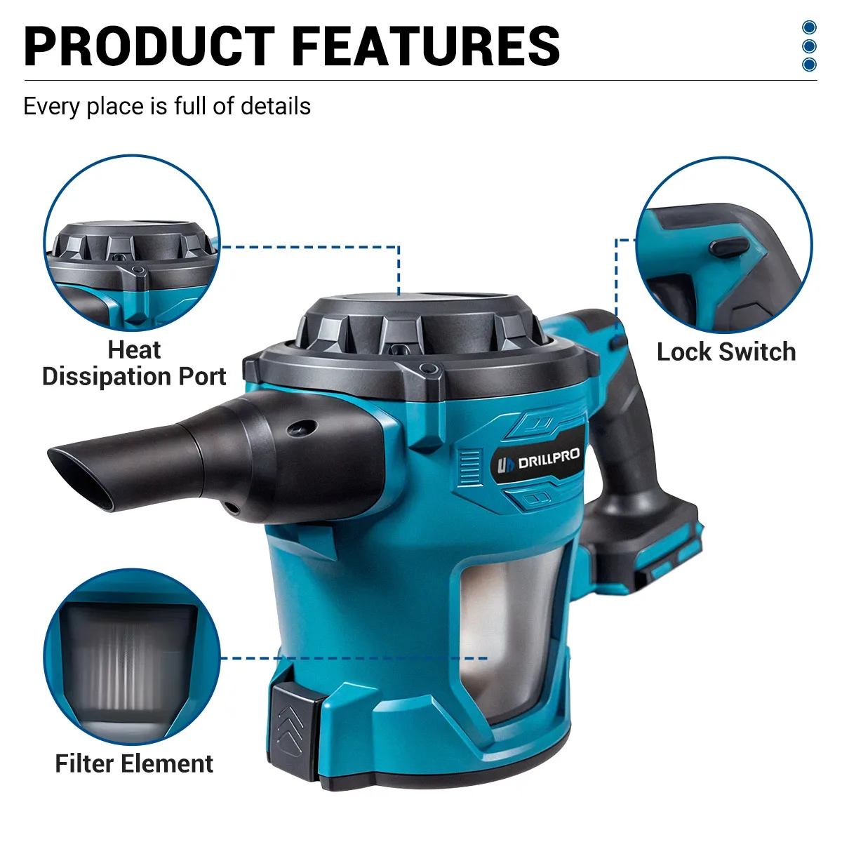 Drillpro-Souffleur d'air électrique sans fil, outil d'aspirateur à main, souffleur de cuir chevelu, nettoyage des feuilles tombées, poussière et neige, batterie Makita