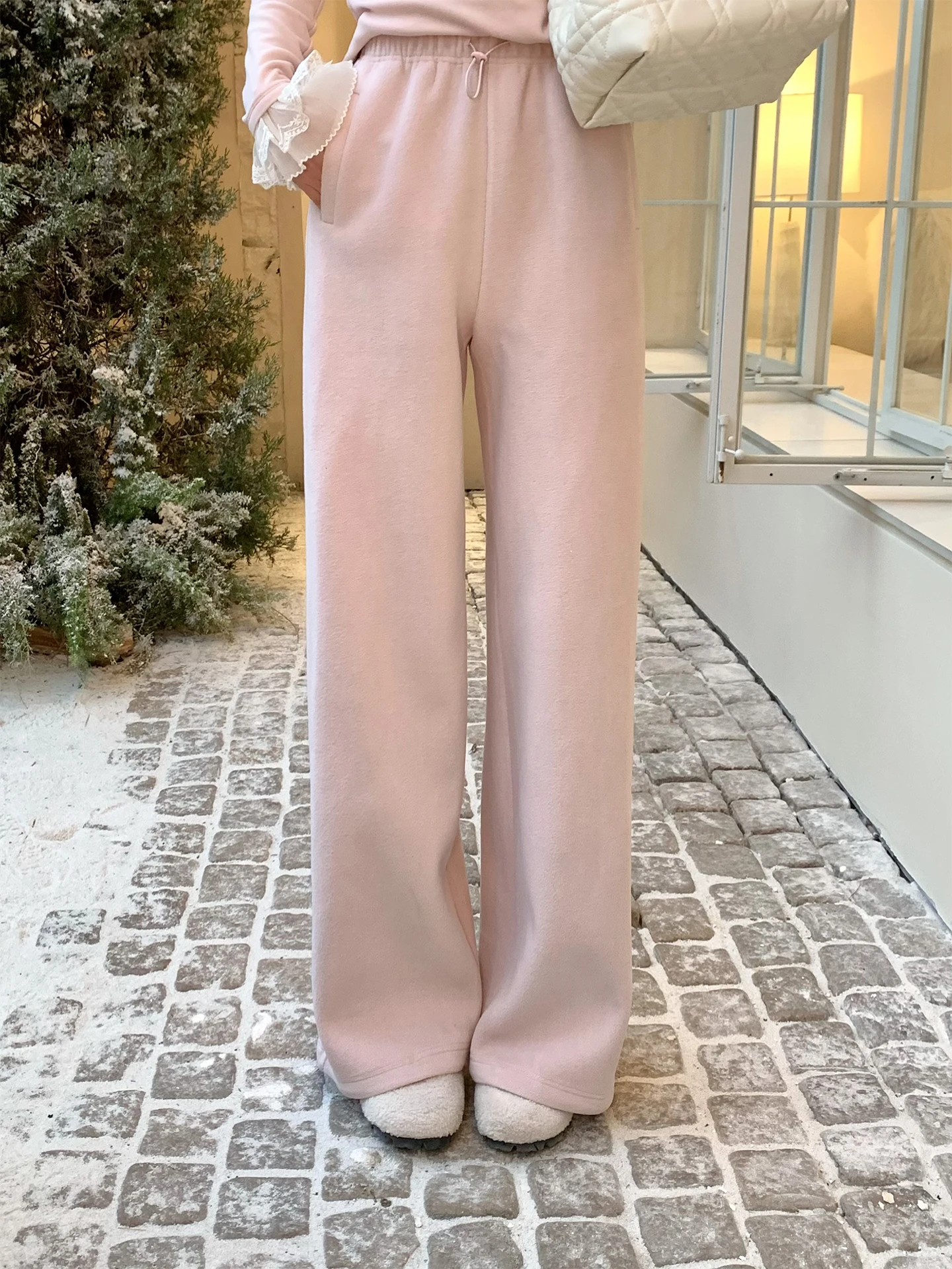 

Женские спортивные брюки Kun Total с высокой талией, прямые, розовые, зимние, утепленные, немнущиеся, для повседневной носки, с декоративными элементами, длинные