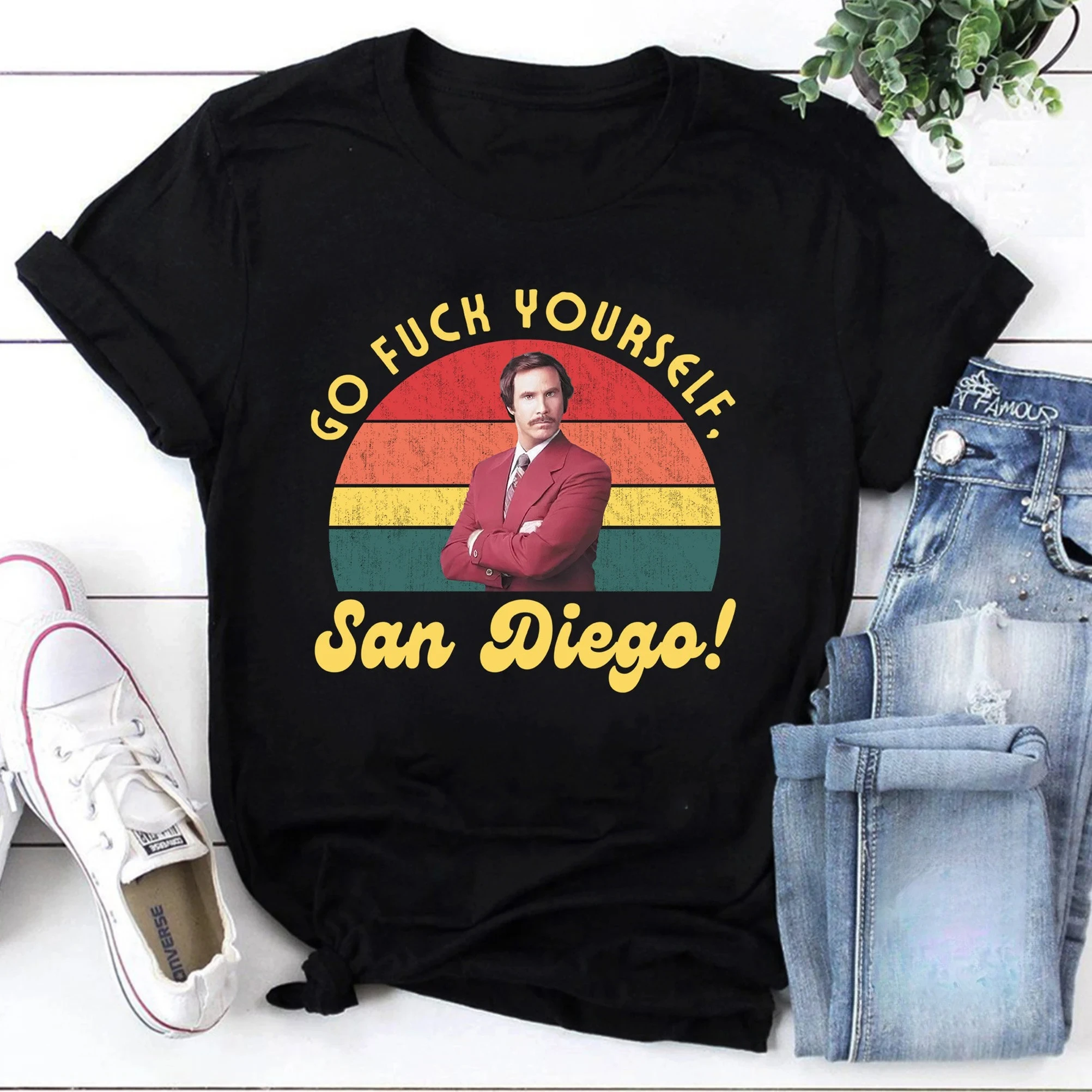 تي شيرت "Ace Announcer"، اذهب إلى تي شيرت سان دييغو لأمك، تي شيرت ريترو، تي شيرت للجنسين، فيلم، تي شيرت RON Burgundy