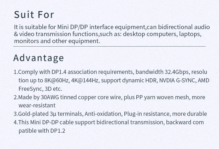 8K Mini DP zu DP Kabel 3m, bidirektional 4K240Hz Mini DisplayPort zu DisplayPort Kabel kompatibel mit Thunderbolt 2 für Laptops – Detail 18