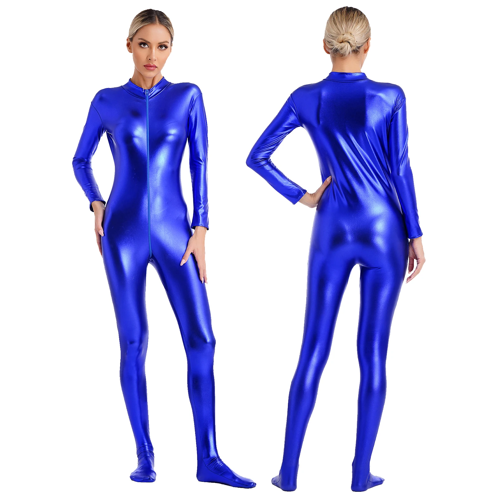 

Womens Metallic Shiny Zentai Jumpsuit Mock Neck Long Sleeve Front Zipper Full Body Unitard Tights for Performance Clubwear