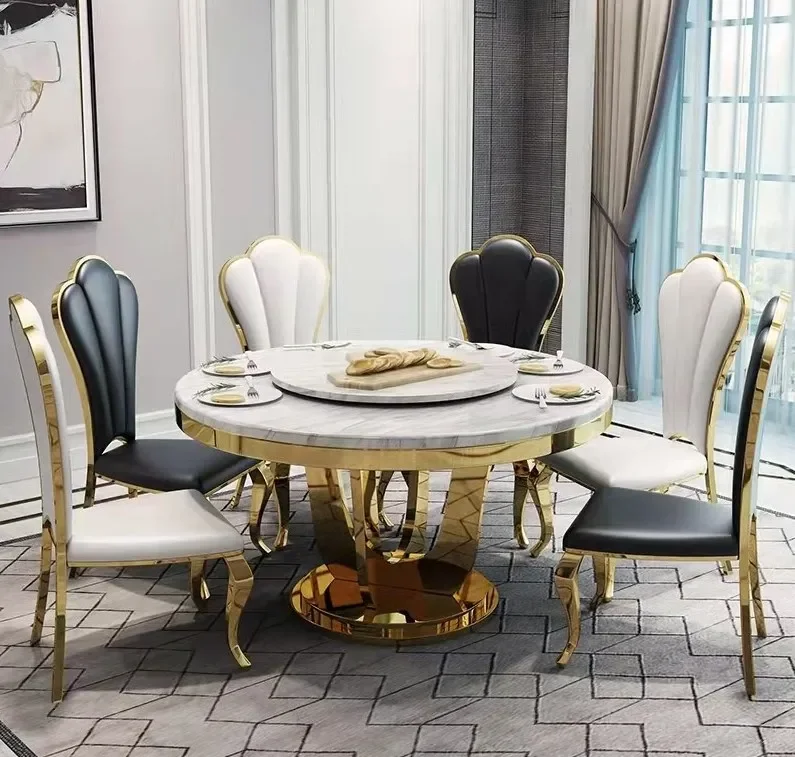 

z Nordic Luxury Dining Room Furniture Modern Marble Dining Table Stainless Steel Classic Round Table With Rotating