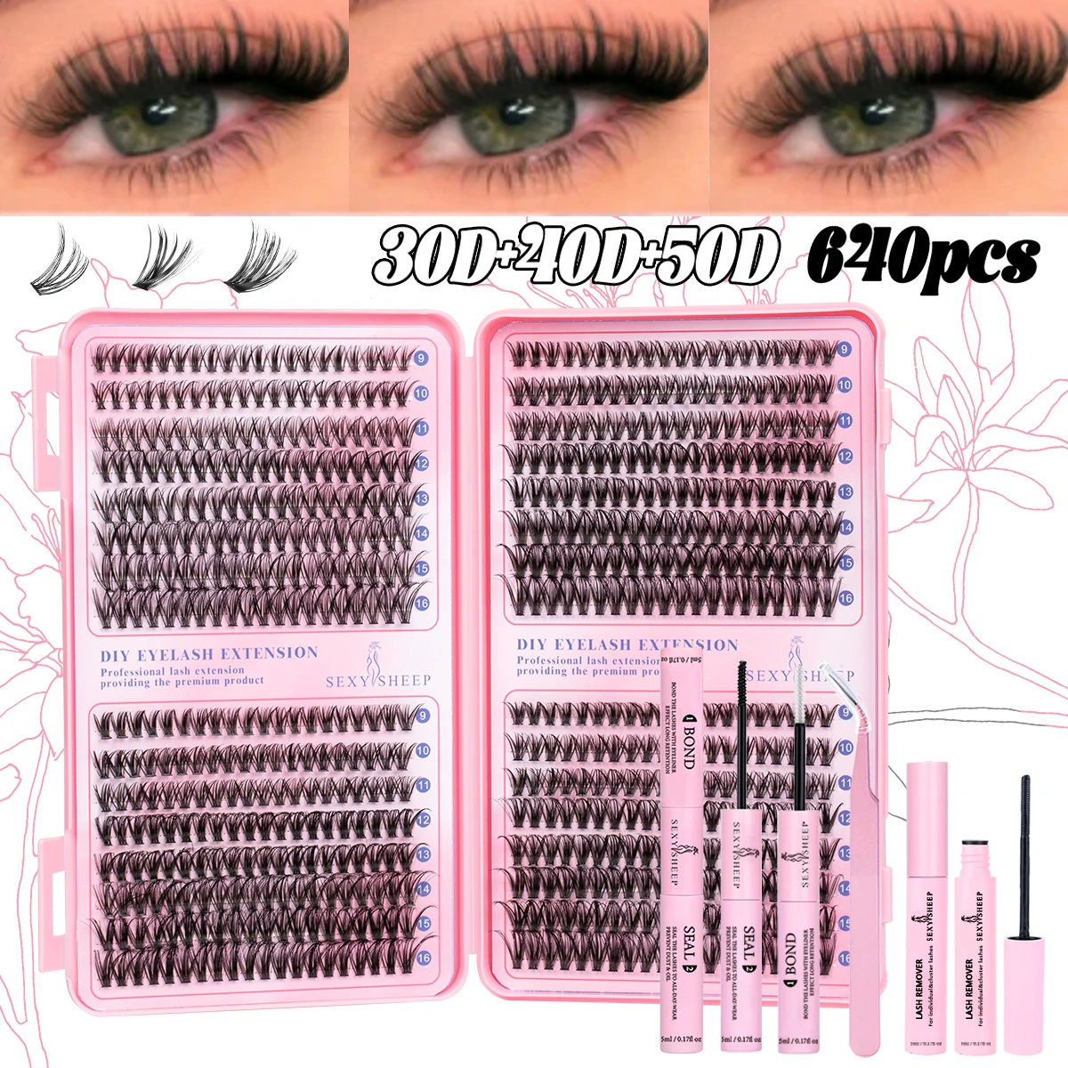 Kit de clusters de cílios fofos e macios segmentados, extensões de cílios, grande capacidade, kit resuável, faça você mesmo em casa