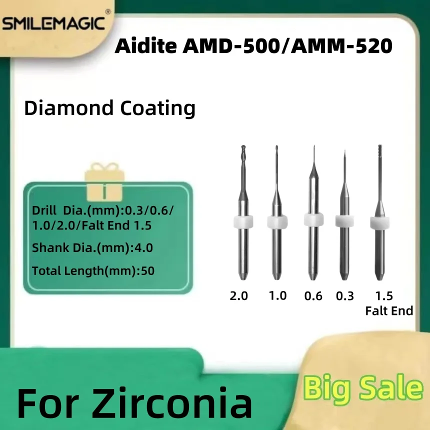 Dental Lab Aidite AMD-500 AMD-520 Zirconia CADCAM Milling Diamond Coating Dental Laboratory Cutters Shank Diameter 4mm