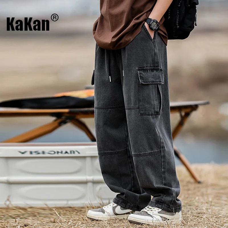 

Kakan - New European and American Men's Double Three Dimensional Pocket Jeans, Retro Washed Splicing Straight Tube Wide Jeans