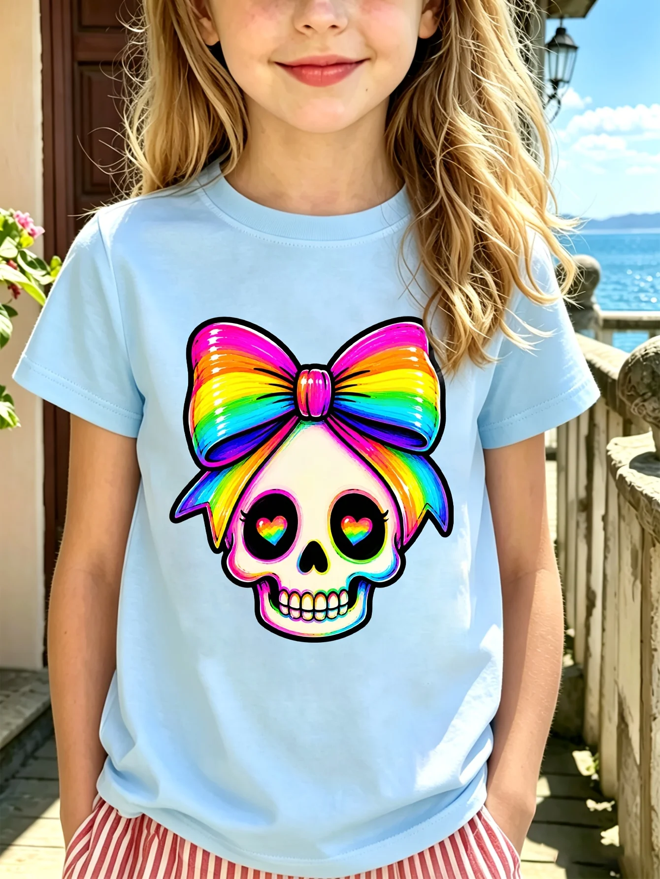 Rainbow Bow Skull Kids Tee Cute Heart Eyes Skeleton Graphic Print Boys Girls Family Matching Cotton Short Sleeve Children Tshirt