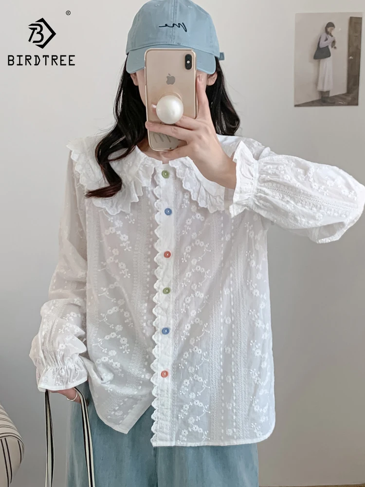 

New 2026 Spring Women Cotton Long Sleeve Shirt, Peter Pan Collar Embroidery, Mori Girl Sweet Age Reduction Loose Blouse T61722CC