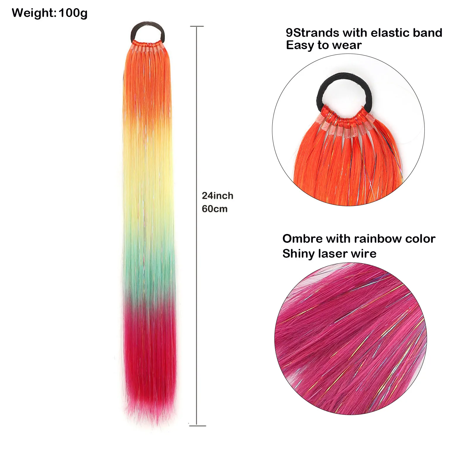 Ponytail Hair Extension Rainbow Glitter Color Ponytails Tinsel Shiny Synthetic Hairpiece for Girls Ladies Cosplay Drag Party