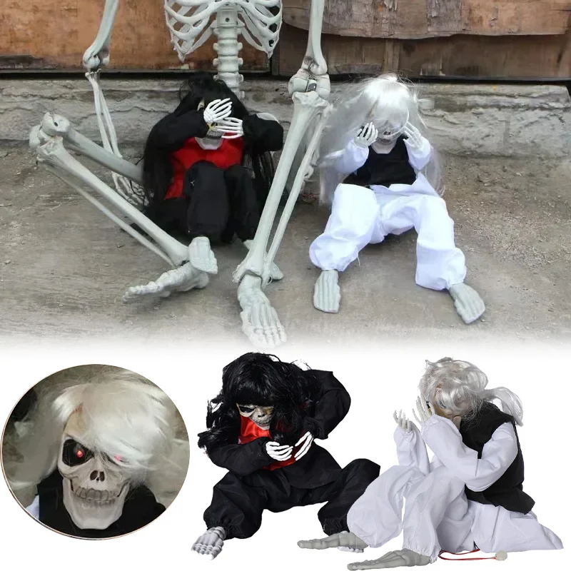 

Animated Halloween Weeping Spirit Touch-Activated Shaking Skeleton with Red Eyes Scary LED Decor for Office Home Haunting