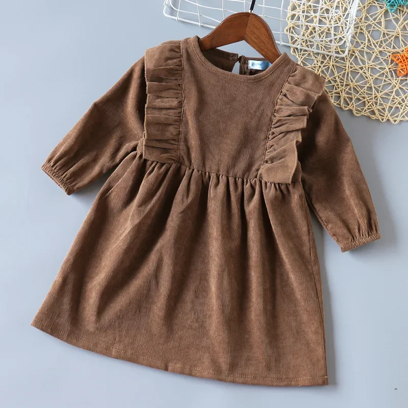 

Girls Retro Brown Dresses New 2023 Spring Children's Corduroy Pleated Dress Baby Girl Princess Clothes vestidos