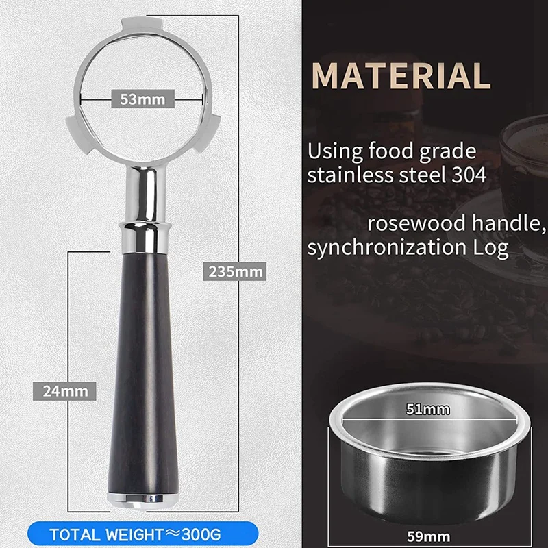 51Mm Portafilter 3 Ears, Stainless Steel,51Mm Bottomless Portafilter With Wood Handle And Filter Basket