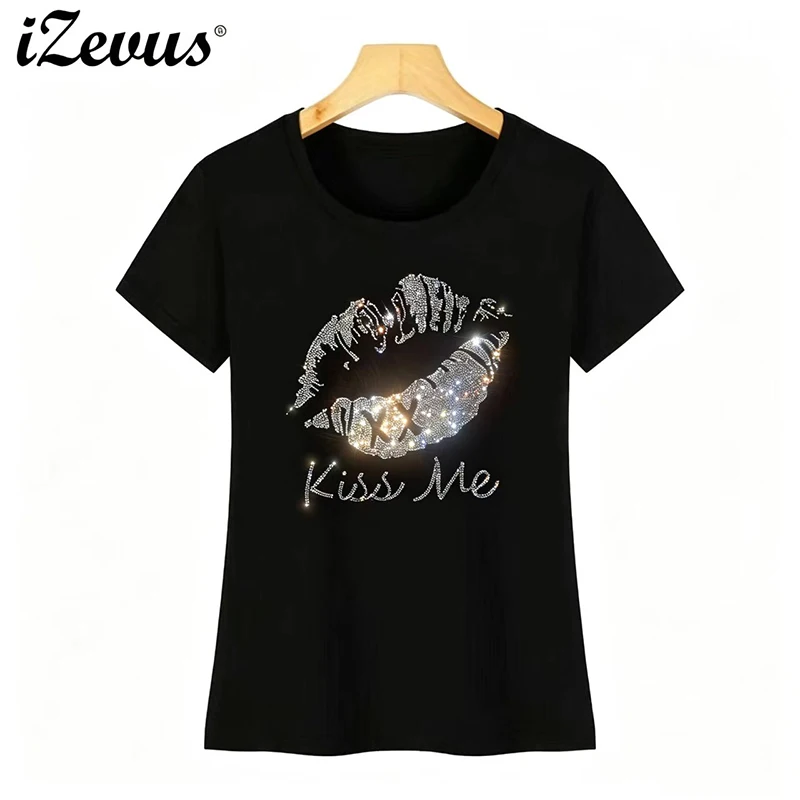 IZEVUS t shirts for women summer short sleeve female fashion sexy lips kiss me crystal o collar soft cotton ladies t shirt