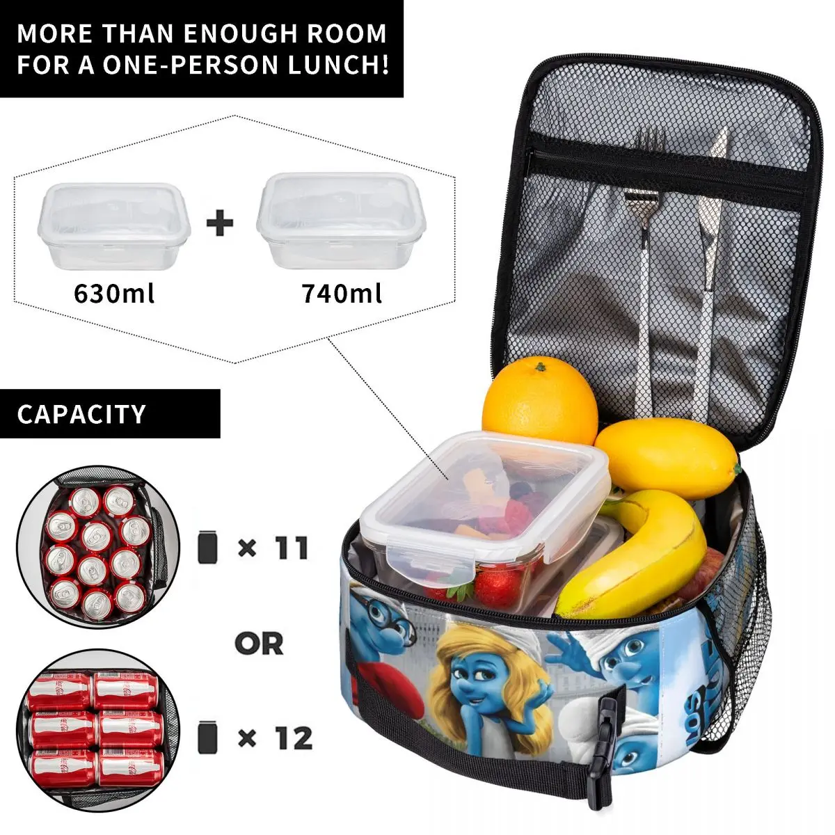 Los Pitufos Schtroumpf Anime Insulated Lunch Bag Portable Lunch Container Thermal Bag Tote Lunch Box College Food Storage Bags