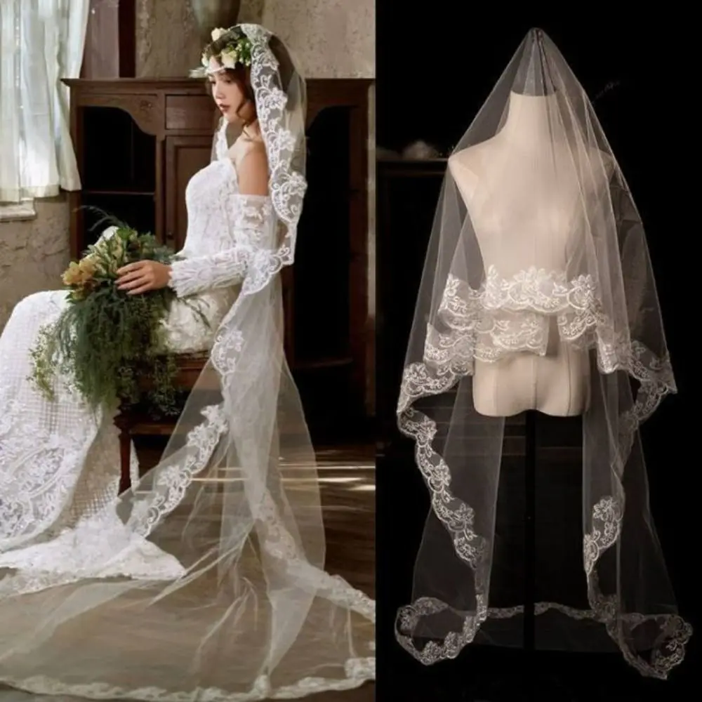 エレガントなレースフラワーブライダルベールソフトチュール単層ウェディングベールホワイトロング花嫁ヘッドガーゼ花嫁アクセサリー