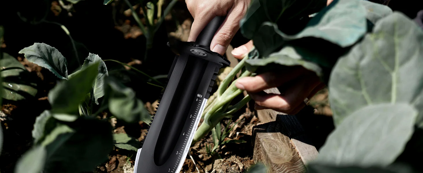 【SUNPOW】Durable Garden Trowel with Carry Bag - Small Trowel with Double Serrated Edge, Digging Blade for Gardening & Camping, with Measurement Scale