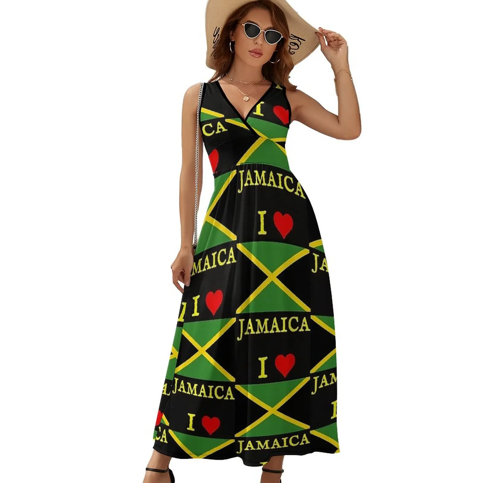 I Love Jamaica Dress Jamaican Flag Vintage Maxi ชุดความงามโบฮีเมียชุดยาวแขนกุดกราฟิกขนาดใหญ่ Vestidos