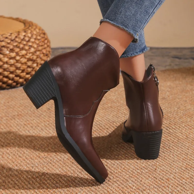 2024 Winter New Fashion Western Cowboy Ankle Boots Female Casual Platform Pointed Toe Designer Slip-On High Heels Women’s Shoes