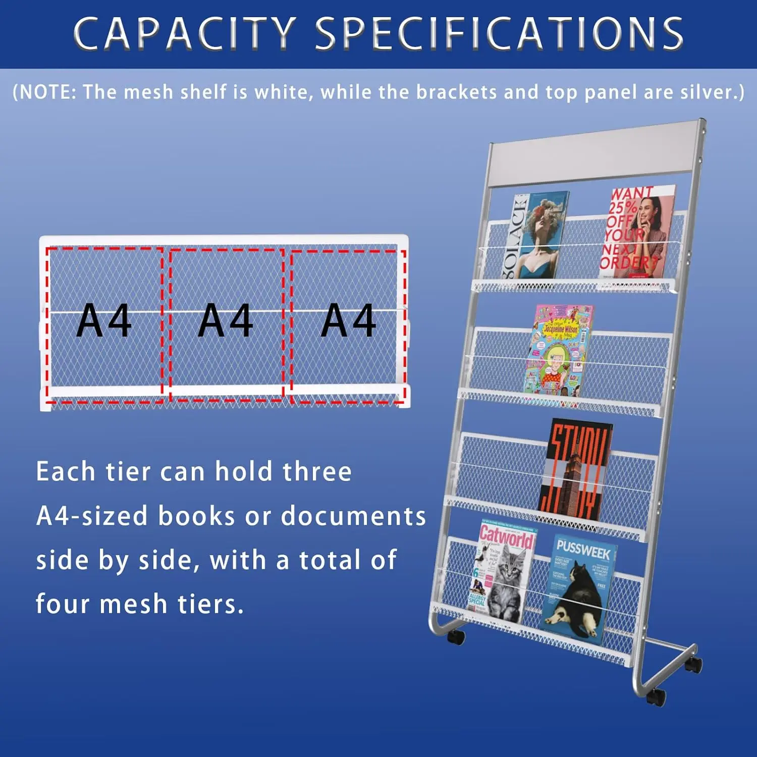 4-Tier Iron Magazine Rack for Brochures, Documents in Offices, Malls, Exhibitions