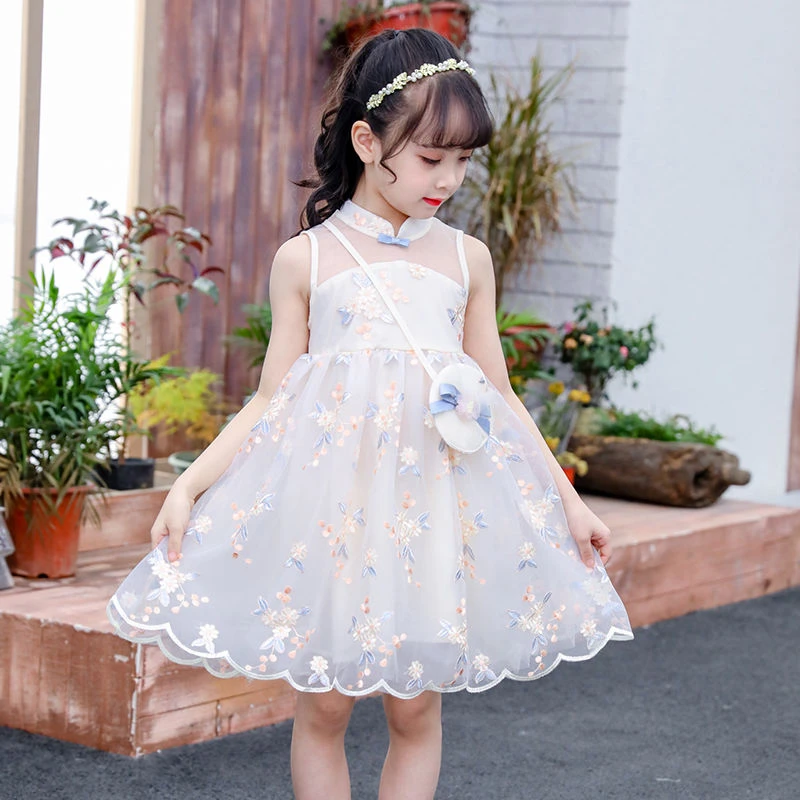 Girls Casual Dresses Summer Clothes Hanfu Fashion Children\'s Vintage Net Yarn Dress Kids Girls for School Wedding of  2-12 Years