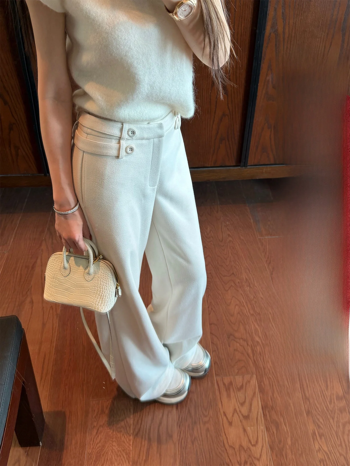 

Good Morning Fan Fan Relaxing Drapey Knit Casual Pants Thi Soft Straight Leg Pants Double Bule Side Waist Casual Trousers