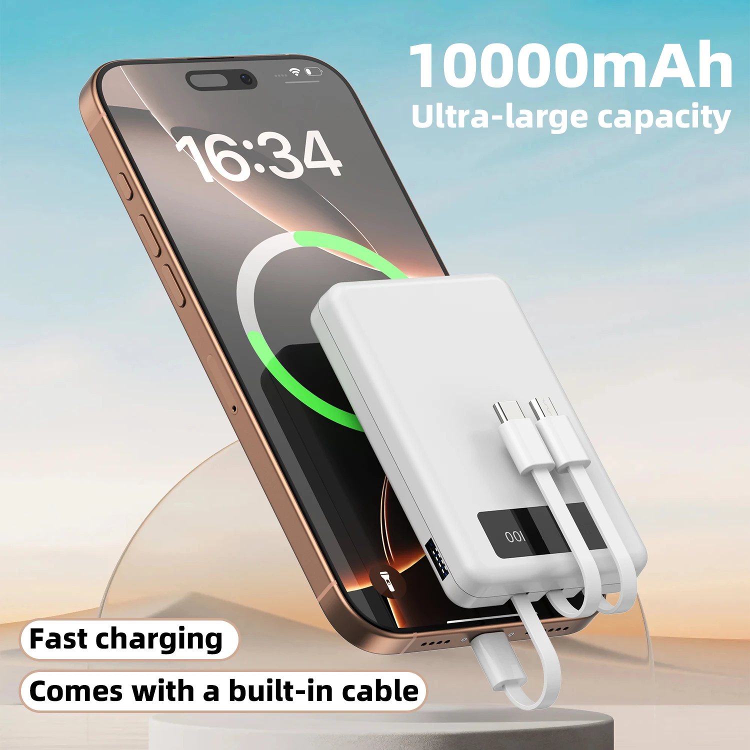 Mini Slim 10000mAh Portable Power Bank, Built-in LED Digital Display, 1 USB-A Port & 3 Integrated Cables, Small Lightweight Design, Multi-Device Simultaneous Charging for Travel, Camping and Emergency, Compatible with Android Phones and Tablets
