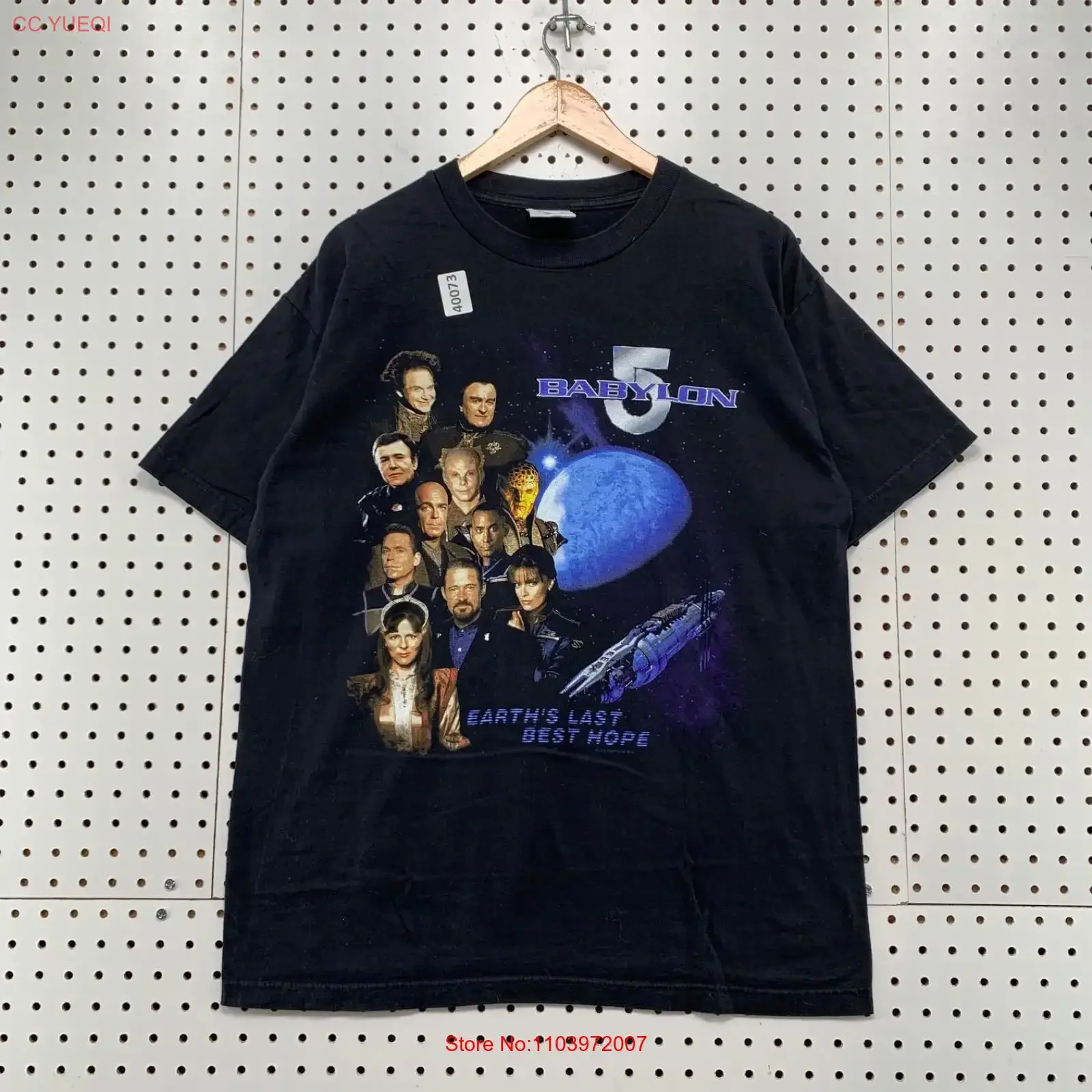 Camiseta Vintage de los 90 de Babylon 5 para Hombre, Talla Grande, Negra, Earth's Last Best Hope, Película de TV de EE. UU., Estilo Vintage Lavado, Cómoda y Elástica