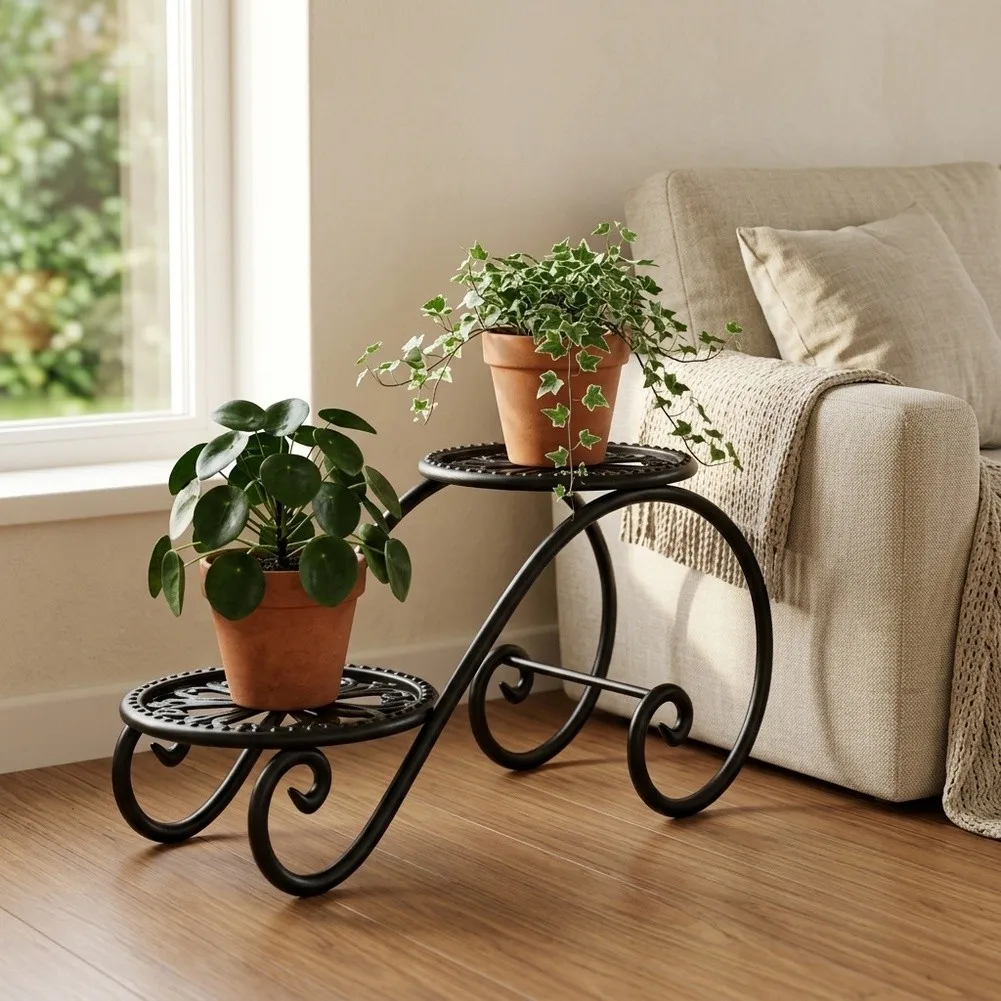 2 Tier Plant Stand for Potted Flowers Herbs - Iron Flower Rack with 45 22 20cm Dimensions and Multi-Space Compatibility