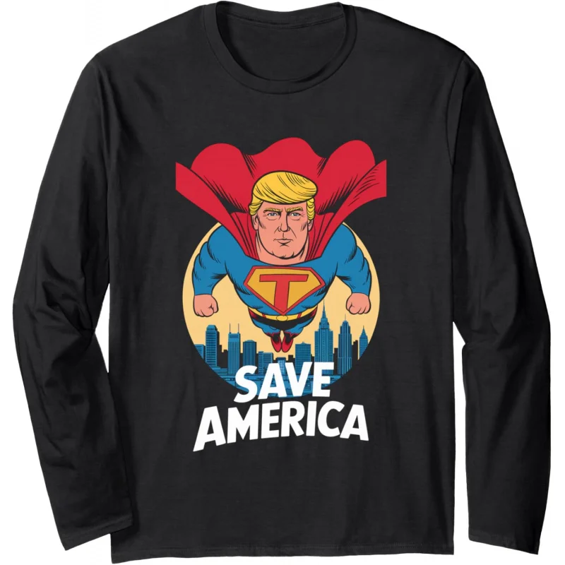 

Superhero Trump Saves America Halloween Election Long Sleeve Adult Men's and Women's Loose T-shirt