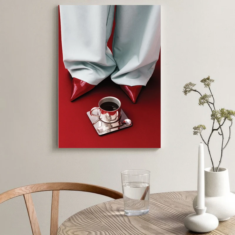 Modern Fashion Wall Art: Red High Heels & Elegant Coffee Moment Canvas Painting Minimalist Art Mural for Office /Home Decor