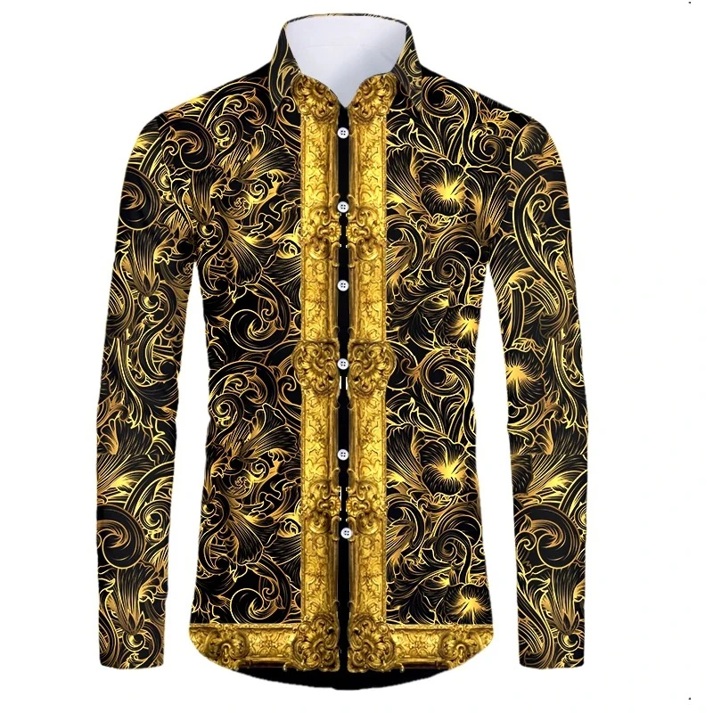 High End Luxury Golden Pattern 3D Printed Short/Full Sleeve Button-down Shirts For Men Street Style Trendy Tops Hip Hop Outfits