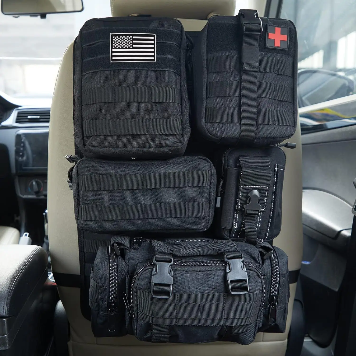 Tactical Car Seat Back Organizer Tactical Vehicle Panel Organizer with 5 Detachable Molle Pouches Universal fits Most of Vehicle