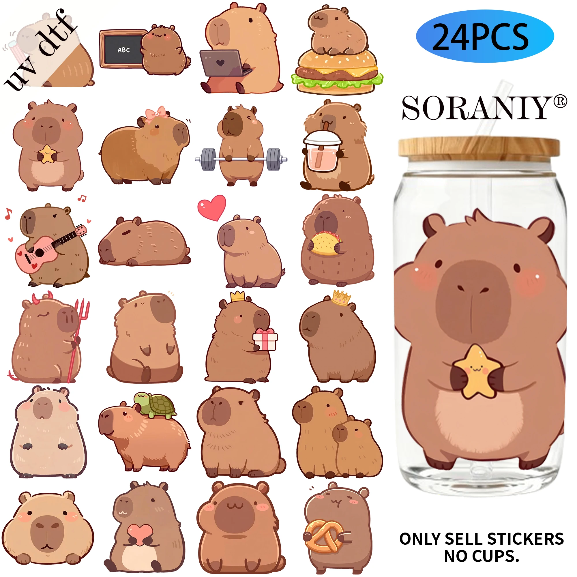 24PCS/Set Kawaii Capybara Relaxing  Themed UV DTF 16OZ DIY Transfer Paper Set Golden Text Used For 16oz Water Bottles Glass