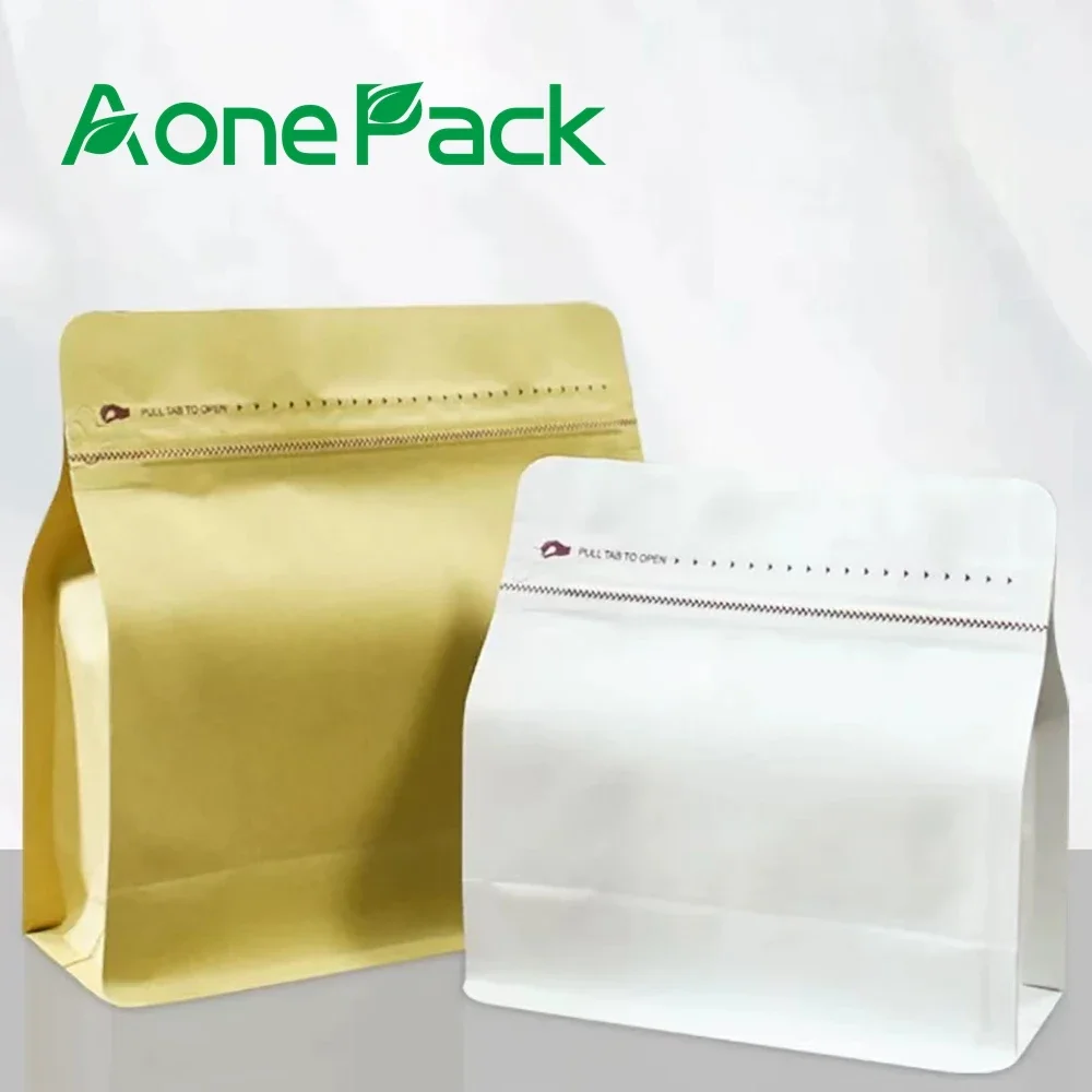 50PCS Eco Friendly Natural Kraft Paper Coffee Bean Tea Food Bag 150g 250g 500g 1kg Box Bottom Pouch with Ziplock and Valve