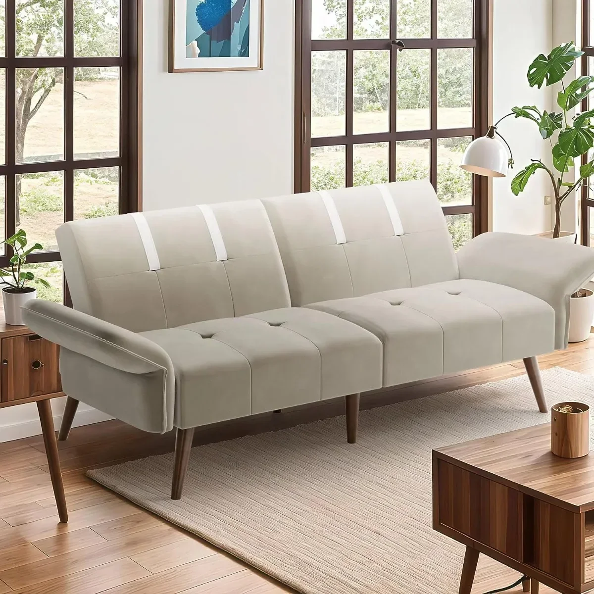 Sofa Bed for Living Room,Velvet Loveseat  for Apartments Office Small Spaces,w/Adjustable Armrests Backrest,Beige