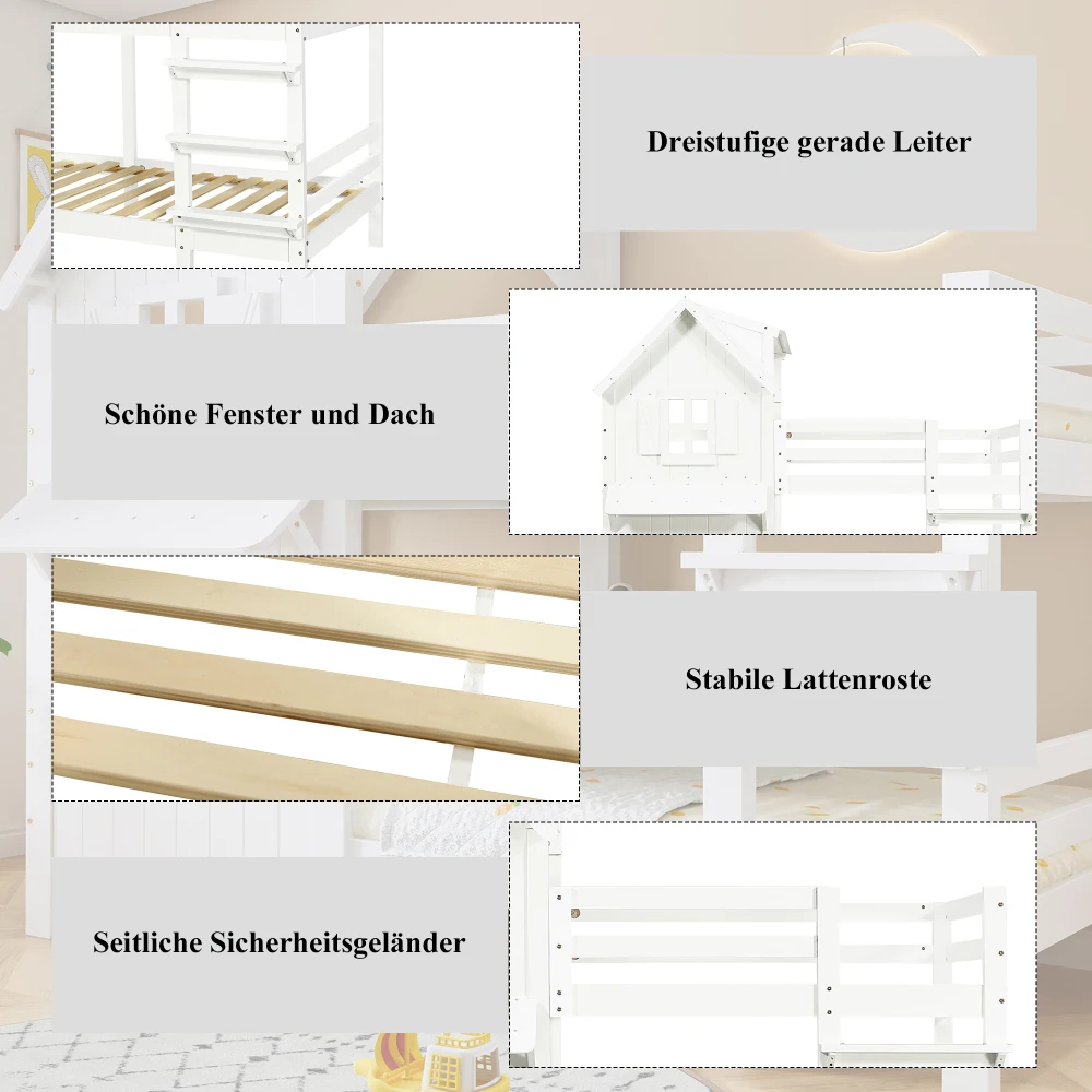 Kinder-Etagenbett mit schönem Fenster und seitlichen Sicherheitsgeländer auf dem Dach, dreistufiger gerader Leiter, stabiler Lattenrost – Detail 6
