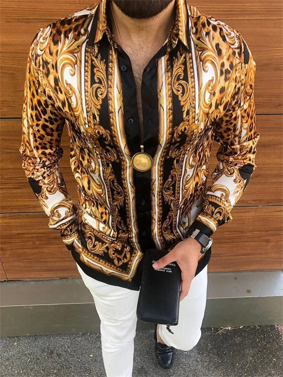 

Autumn Men's Shirt Long Sleeve Leopard Print Vintage Color Contrast Fashion Trend Cardigan New Sales