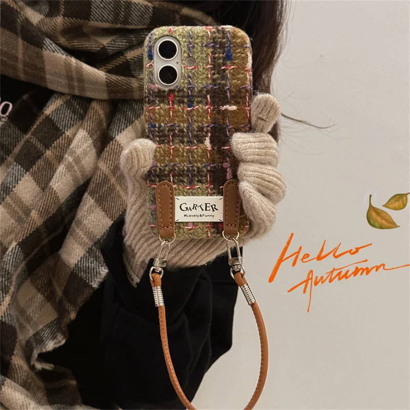 ストラップ付きのカラフルなウールチェック柄の電話ケース、iphone 16 pro、14、13、15、pro max、apple 16、15、ぬいぐるみ用の柔らかいファブリックケース