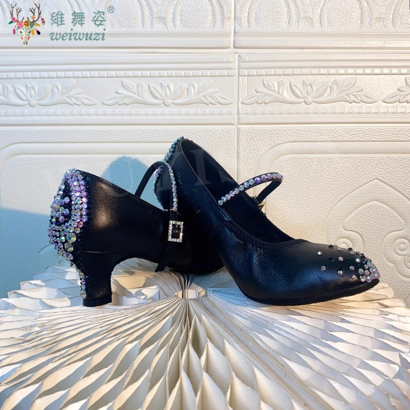 Latin Dance Heel Diamond Schuhe für Damen Senior AB Stones Walzer Social Dance Schuhe Mädchen Moder Ballsaal Latein Schwarz Pool Schuhe