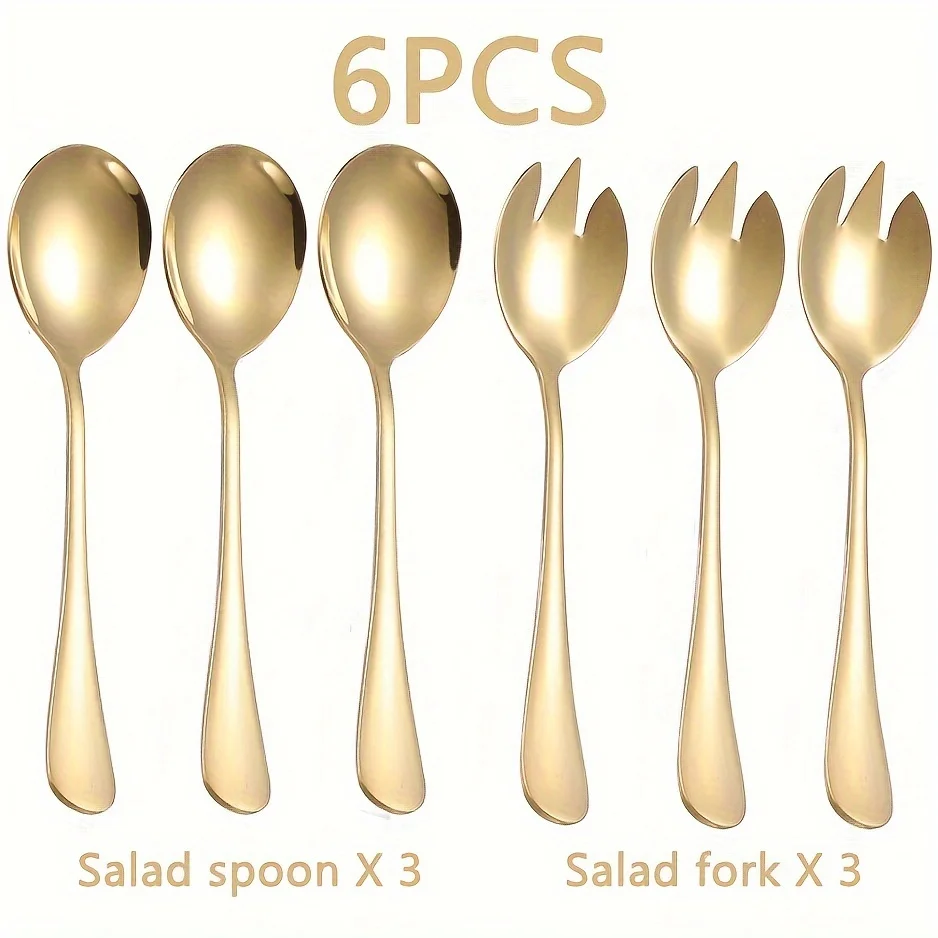 Salad Spoon and Fork Set, Stainless Steel, Gold Silver, for Public Service, Eating Salad, Pasta, Stirring, Dishwasher Safe,7.9in