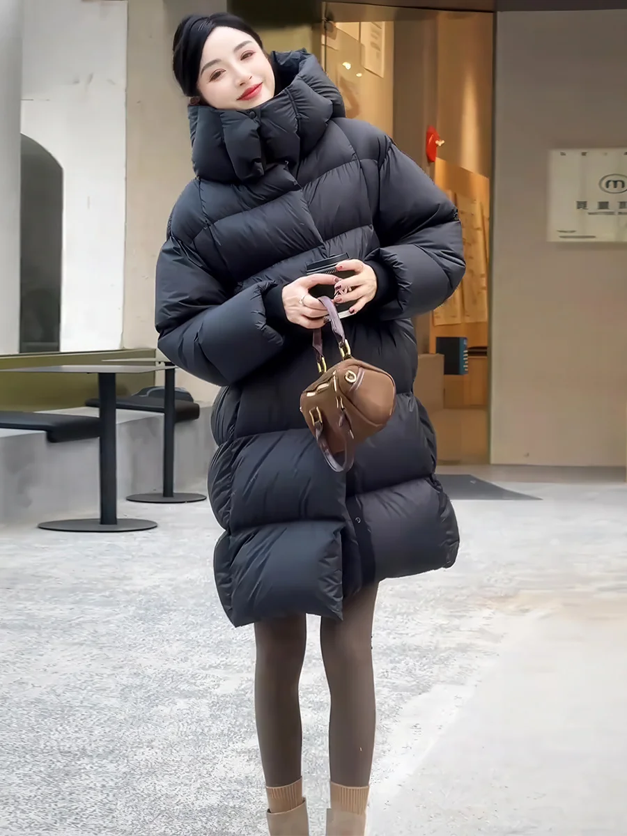 Abrigo acolchado de longitud media con capucha para mujer Jaet Bla Thiened invierno cálido suelto pan Sle abrigo Casual Sle blanco Du relleno de plumón