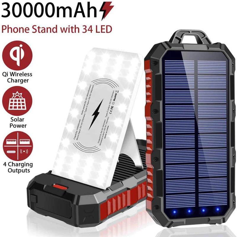 

Solar Power Bank 30000mAh Portable Qi Wireless Charger Powerbank for iPhone 13 Samsung S22 Xiaomi Poverbank with Camping Light