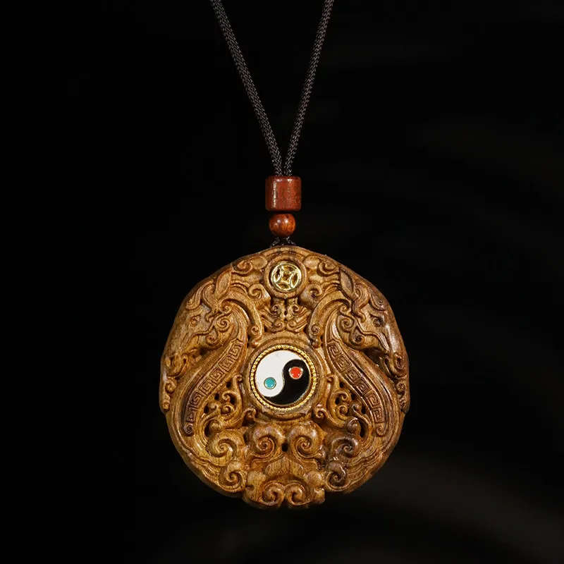 

Agarwood Bagua Rotating Pendant Necklace Peace Tag Wooden Carved Vintage Amulet for Men and Women Gifts