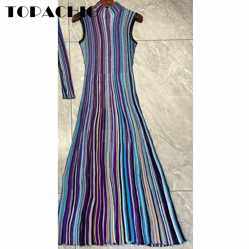 10.10 TOPACHIC-Women Contrast Color Bright Silk Striped Knit Dress Elegant Stand Collar Back Hollow Out Sleeveless Long Dress