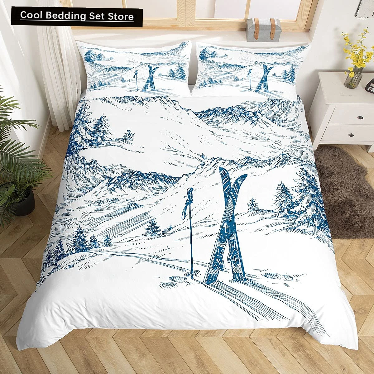 Winter Ski Sports King Queen Duvet Cover Snow Skiing Bedding Set Cartoon High Mountain Landscape 2/3 Pcs Blue White Quilt Cover