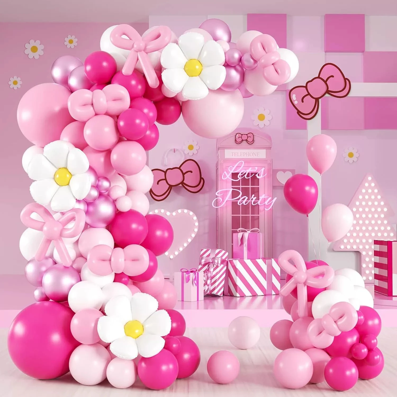 Set de Decoración con 139 Globos en Tono Rosa, Globos de Látex Rosa y Blanco, Set de Arco con Guirnalda de Margaritas, Decoración Perfecta para Cumpleaños de Princesa, Despedida de Soltera